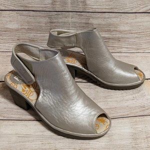 FLY LONDON YONE silver metallic open toe wedge heel